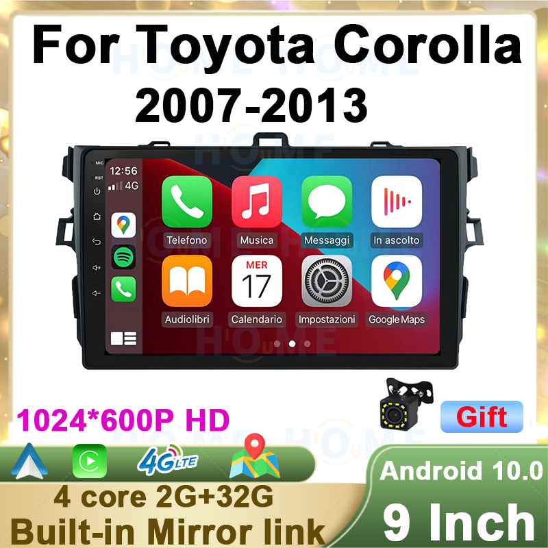 Car Multimedia Player Carplay Android Auto - Android 13マルチメディアGPSナビゲーションラジオCarplayオート9インチステレオカーメディアDVDプレーヤー トヨタカローラ2007-2013 4G WiFi対応