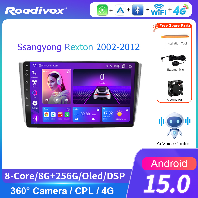 Android Head Unit 7862 Octa Core - AI音声機能搭載、GPS、Bluetooth、Wi-Fi対応、Ssangyong Rexton 2002-2012年式用、Android搭載カーラジオ、マルチメディアプレーヤー、CarPlay対応、9/10インチ。