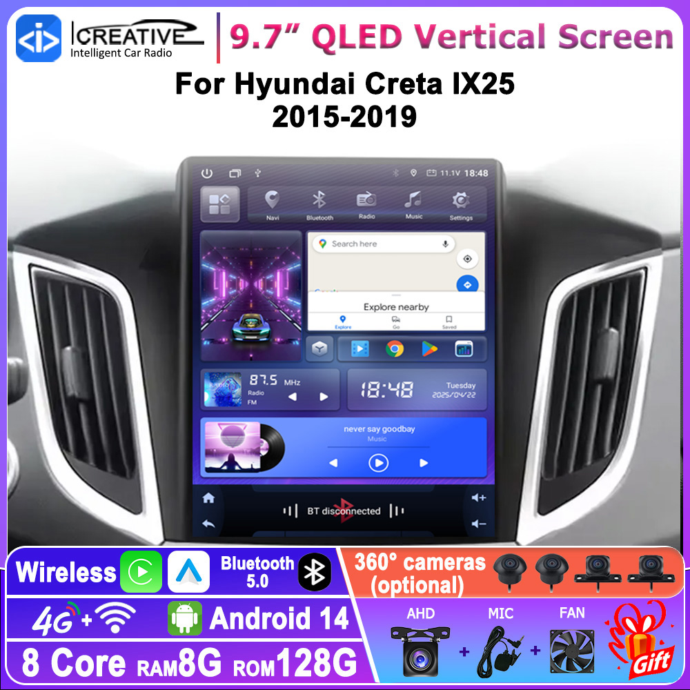 Tesla Style Screen Car Radio - 9.7インチAndroid 14搭載車載マルチメディアプレーヤー Hyundai Creta IX25 2015-2019用