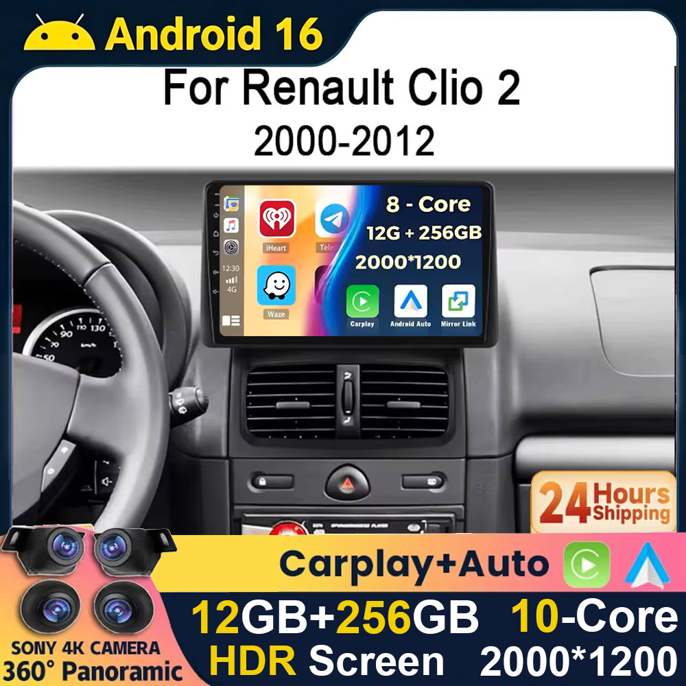 Android Car Stereo 2 Din 8 Core - Android 16 2K QLED搭載、ルノー・クリオ2（2000年～2012年式）用カーラジオ、オーディオ、DSP、CarPlay、GPSナビゲーション、ビデオ、4G、Wi-Fi、Bluetooth対応。