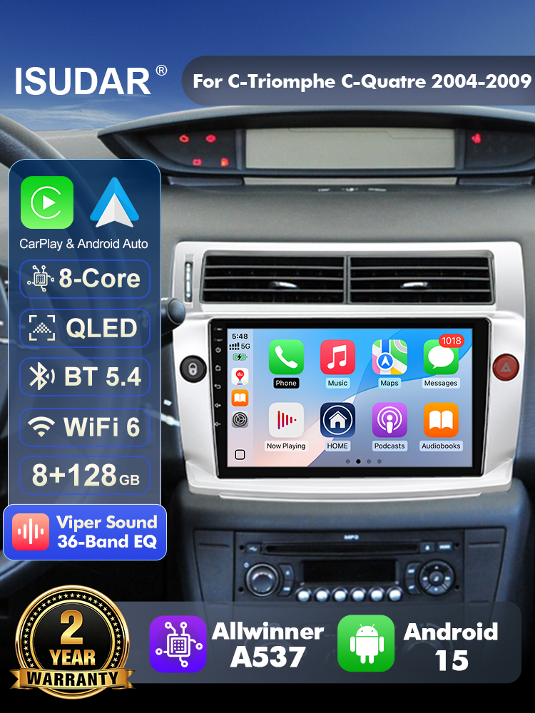 ISUDAR T57 Android 15 ラジオ。シトロエ - Android Head Unit 6Gb 128Gb のレビューと価格